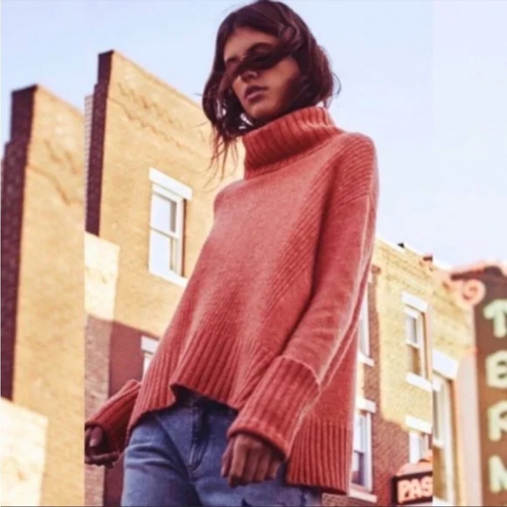 Anthropologie Moth Wool Fireside Cowl Turtleneck Sweater | Pink/Orange | XS